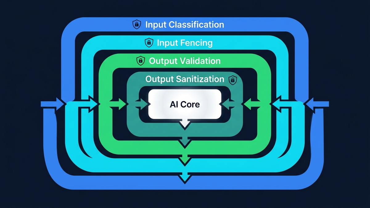 Concentric defense layers protecting an AI core — defense-in-depth concept