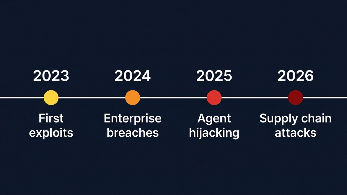 Timeline showing escalating AI security breaches from 2023 to 2025